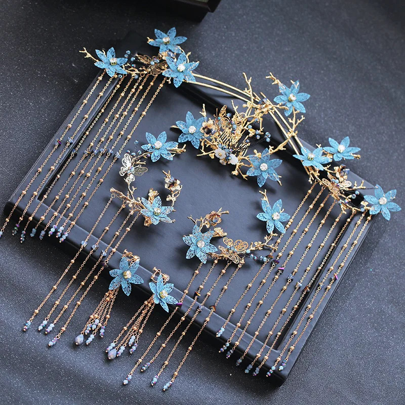 JaneVini роскошный китайский свадебный головной убор синий цветок Длинная кисточка древние шпильки серьги женские свадебные украшения аксессуары для волос