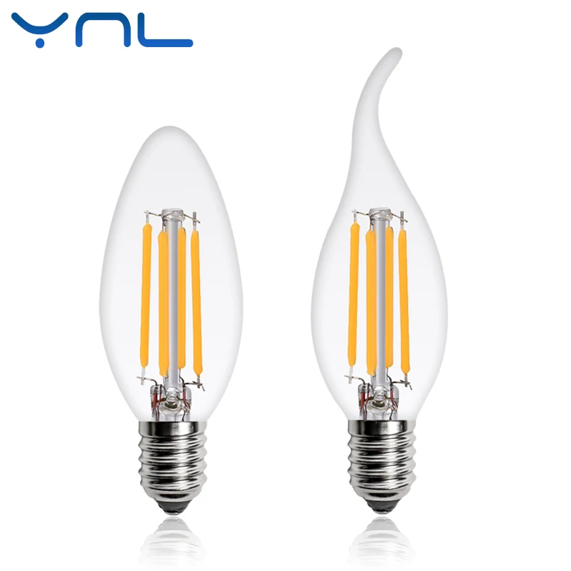 YNL Светодиодный светильник накаливания E14 Свеча лампочка 2 Вт 4 Вт 6 Вт Эдисон лампа C35 220 В Ретро Антикварный, в винтажном стиле теплая белая светодиодная стеклянная лампа