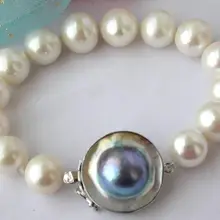 Z2338 " 14 мм круглый белый жемчуг пресноводных браслет серебро mabeNoble стиль Природный Изысканные jewe Быстрая