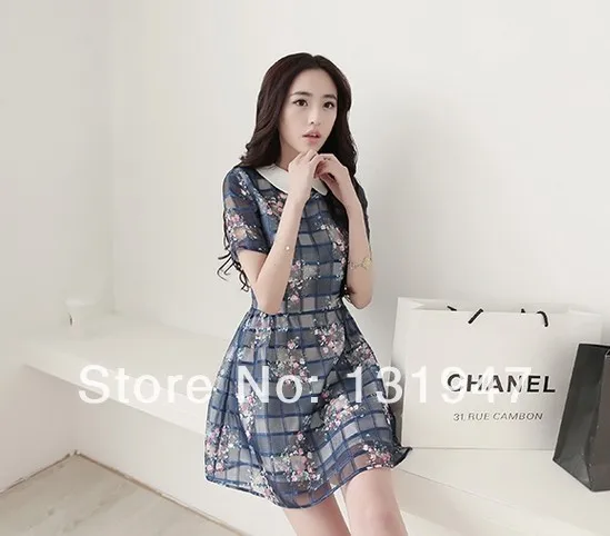 Spring summer 2014 new Korean women slim doll collar Eugen yarn lattice Floral Dress free shipping | Женская одежда