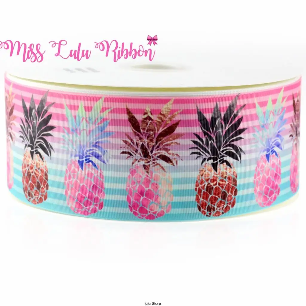 

3"75mm pink pineapple and rainbow stripe printed grosgrain ribbon diy handmade hair bows party decoration 10 yards/roll