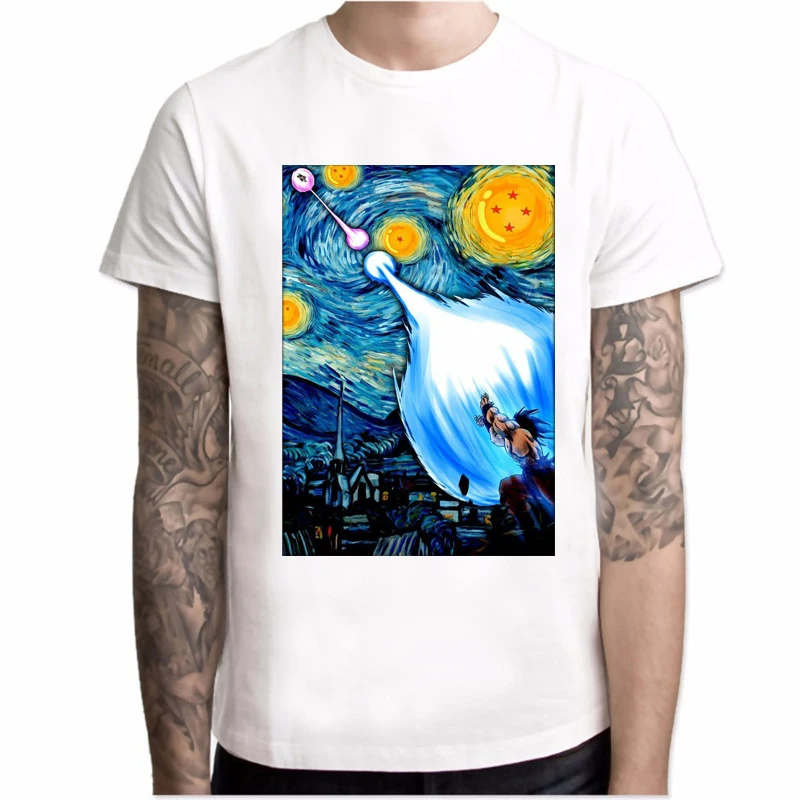 

2019 T shirt Men New Creative Super Saiyan Van Gogh Printed Short Sleeve Men Tshirt Fashion Cool Tops Novelty Dragon Ball Z Tee