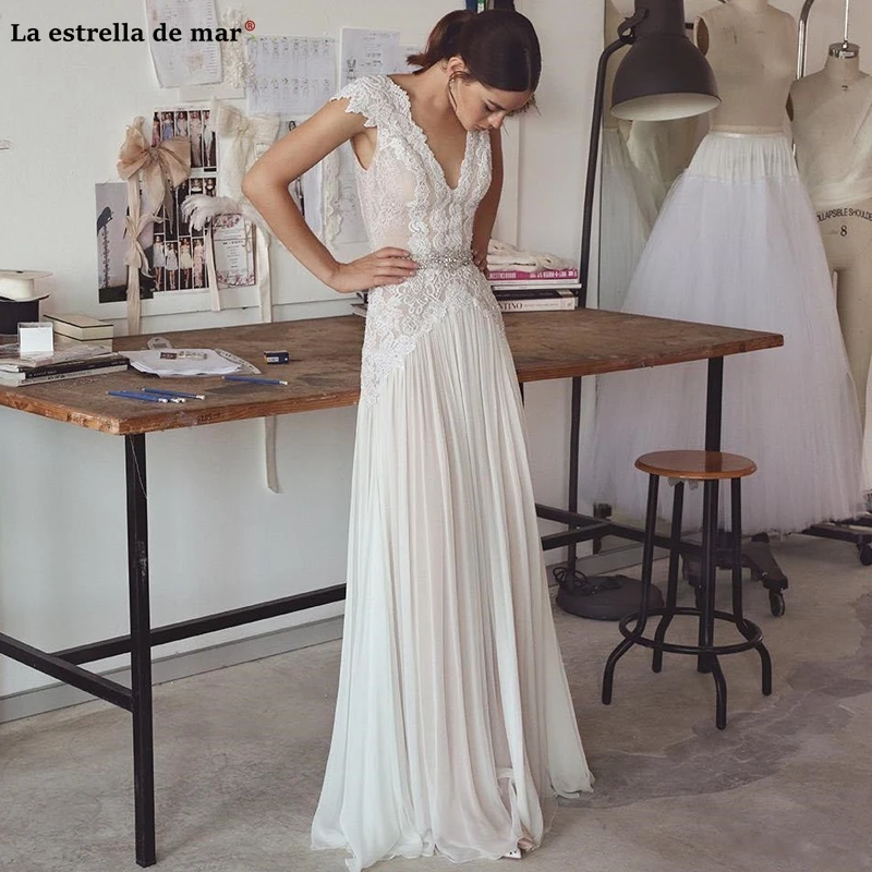 

Suknia slubna new sexy V neck lace chiffon ALine champagne wedding dress boho long bride dress custom abiti da sposa plus size