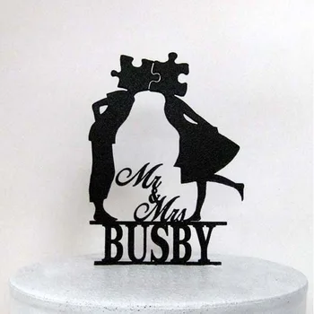 

Personalized Wedding Cake Topper Custom Puzzle wedding with Mr & Mrs last name Customized Acrylic silver wooden gold cake topper