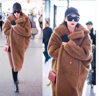 

Harppihop*new arrival free shipping real sheep fur coat long style wool coat camel teddy coat over size winter women coat