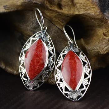 

Real 925 Sterling Silver Earrings Natural Red Coral Classic Drop Earrings For Women Wholesale Lots Bulk Jewelry Pendientes