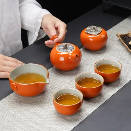 

Creative Ceramic Kung Fu Travel Tea Set [1 pot+4 Cups] Persimmon Home Teapot Tea Cup Carrying Case Travel Set Everything Wishful