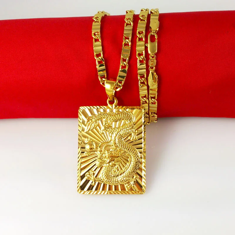 

Statement Dragon Pattern Pendant Necklace for Men Yellow Gold Filled Tiles Chain Necklace 23.6"