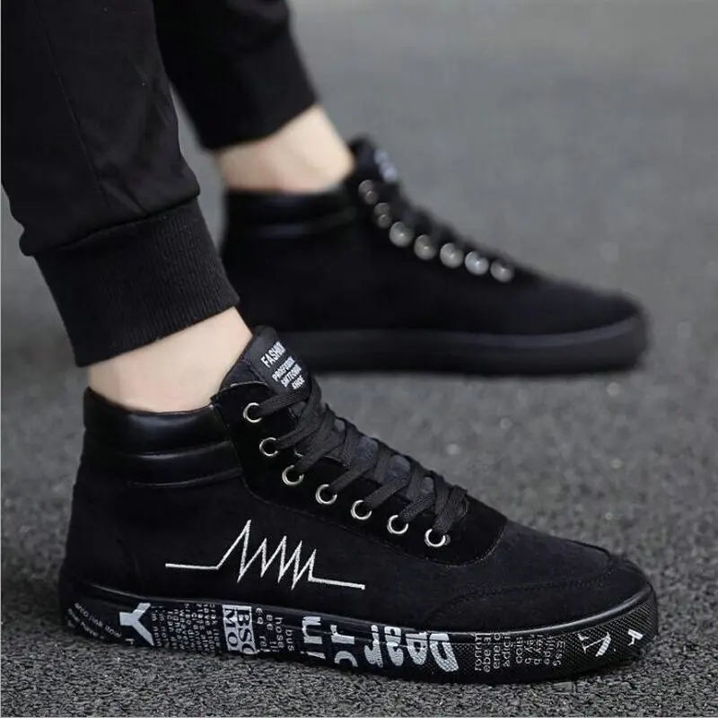 2019 New fashion All Black Men lace up walking shoes canvas shoes high top sneakers Male Boys casual flats sneakers shoes dfv67
