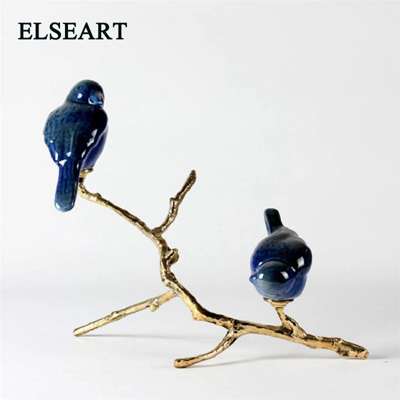

European style luxury high top metal ceramic tree blue bird lovers for American living room home decoration