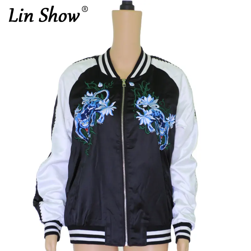 LINSHOW Plus Size Floral Animal Embroidery Women Jackets Zipper Pockets