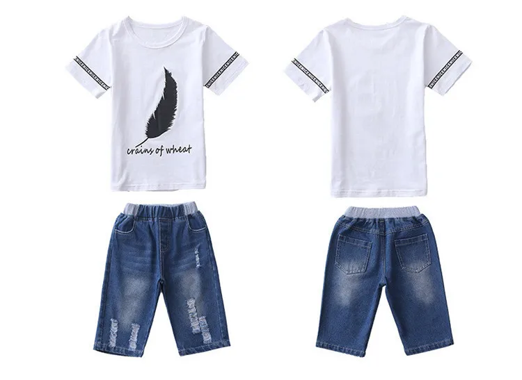 4-14 y boys summer set clothing 2019 boy child tracksuit kids sets knee length jeans pants children t-shirts boys 10 12 years (10)