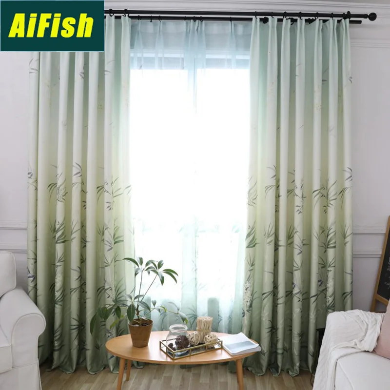 

Nordic Style Sheer Voile Curtains Tulle for Living Room Bedroom Chinese Style Green Bamboo Printed Blackout Window Drapery P1913