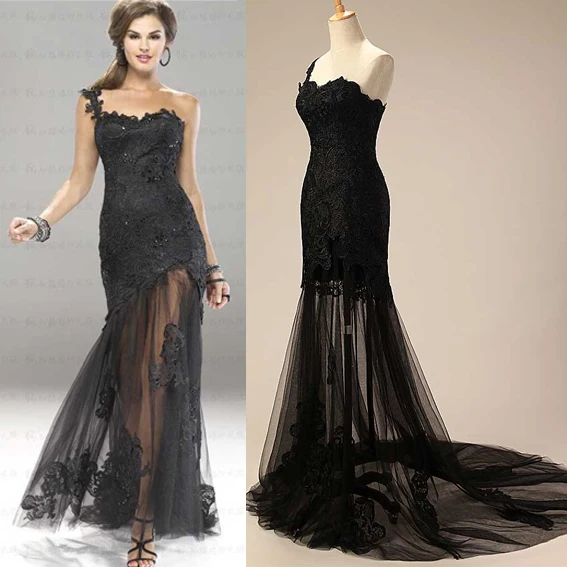 Real Images Sweetheart One Shoulder Floor Length Black white Lace Long Chiffon Crystal Formal Evening Dresses 2015 Hot sale