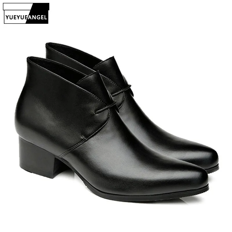 

Brand Men Business Work Genuine Leather Ankle Boots British Med Heels Botas Black Banquet Office Party Male Dress Shoes