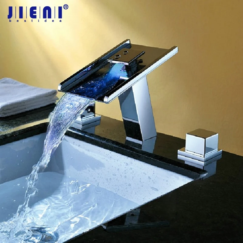 

Chrome Solid Brass 3 PCS Set Deck Mounted LED Waterfall Faucet Mixer Tap Water Power LED Mixer Bath Faucets Bathtub Faucet Set