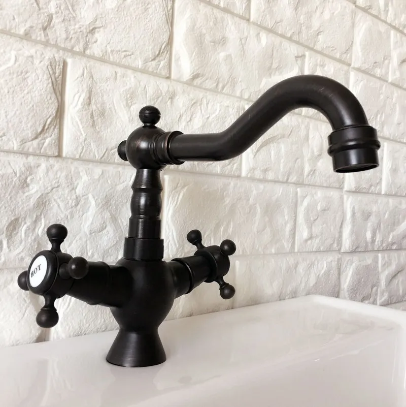 Black Oil Rubbed Brass Dual Cross Handles One Hole Bathroom Kitchen Basin Sink Faucet Mixer Tap Swivel Spout Deck Mounted mnf362