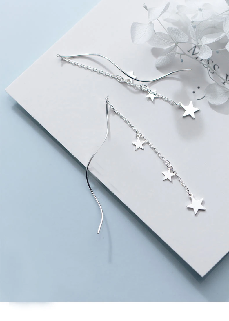 MloveAcc, модные, из натуральной 925 пробы, Серебряная линия, волнистая цепь со звездами, висячие серьги для женщин, ювелирные изделия из стерлингового серебра