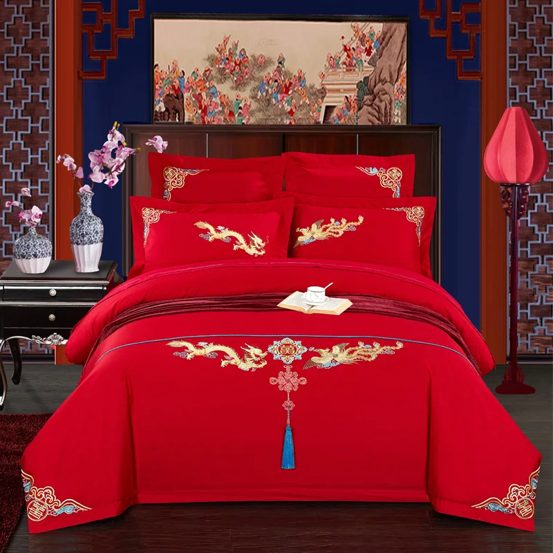 

New arrval red Colors Embroidery Luxury Bedding set King Queen size 4/6Pcs Bed set Bedsheet set Duvet/Quilt cover Pillow sham