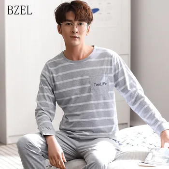 

BZEL Striped Long Sleeve Sleepwear Men Pajamas Set Spring Autumn New Casual Homewear Male Pyjamas O-Neck Underwear Big Yard 3XL