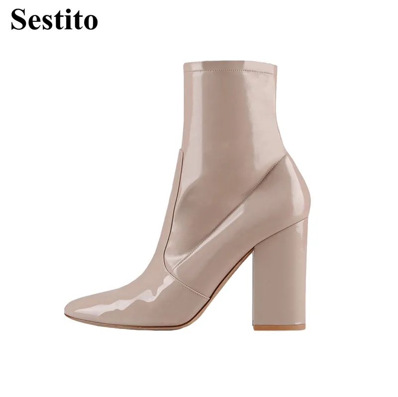 

Newest Fashion Solid Super High Heel Zip Woman Boots Pointed Toe Ankle Boots For Women Black Hoof Heels Short Boots Women Shoes