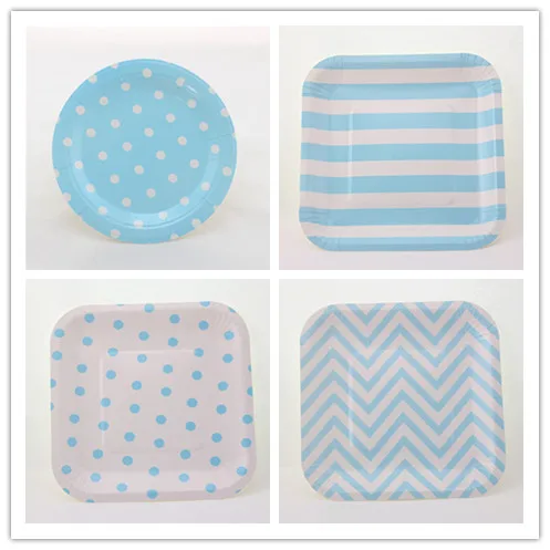 Image Free Shipping 48pcs 18cm 7inch Square   Round Kids Paper Plates Blue Chevron Zig Zag Birthday Wedding Party Serving Dishes