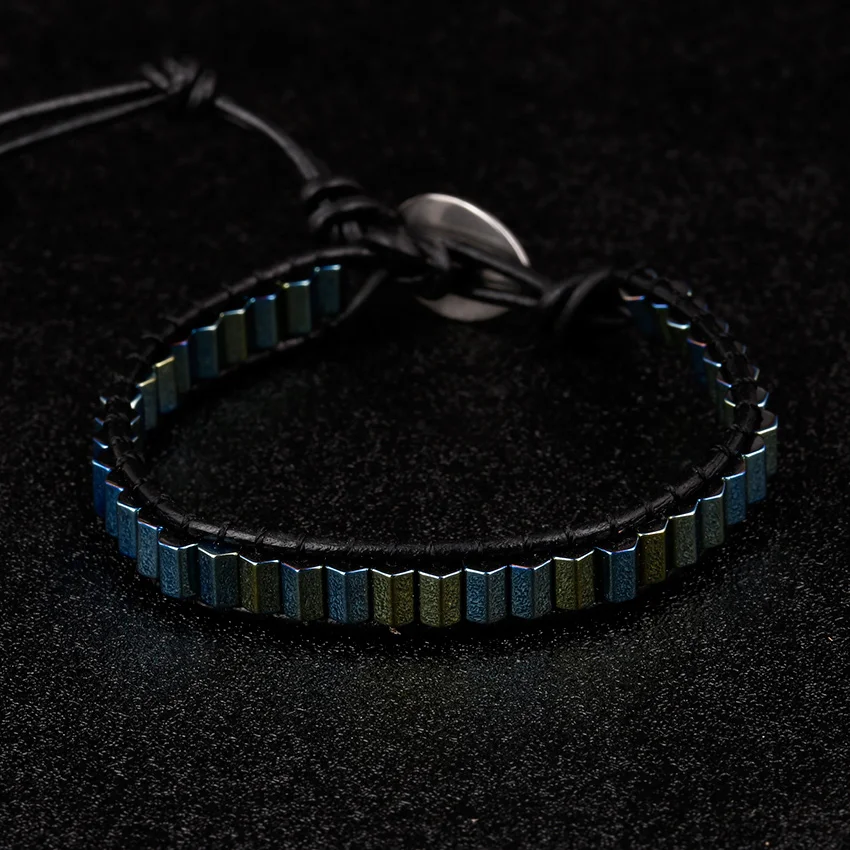 Moories Green Hematite Wrap Leather Boho Bracelet Stainless Steel Buckle Women's Bohemian Stones Beads Adjustable Bracelets for Woman (3)
