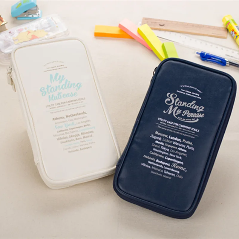 

Korean two space high capacity pencilbag multi function pencase with phone standing holder simple outside looking616