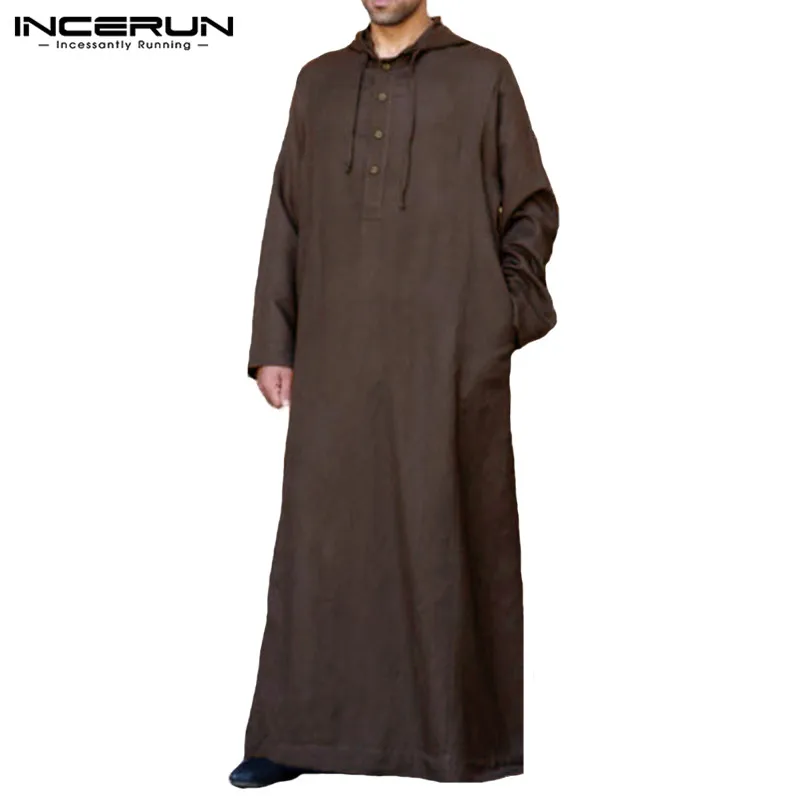 INCERUN мусульманский мужской исламский арабский кафтан ТОБ с капюшоном с длинным рукавом халат для мужчин Дубай Саудовская Аравия jubba ТОБ мусульманская одежда для мужчин S-5XL - Цвет: Coffee