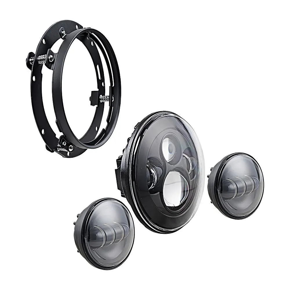 H4 Motorcycle LED Headlight + 2pcs 4.5 Fog Lamp + Mounting Bracket Ring BLACK Fit Harley Davidson