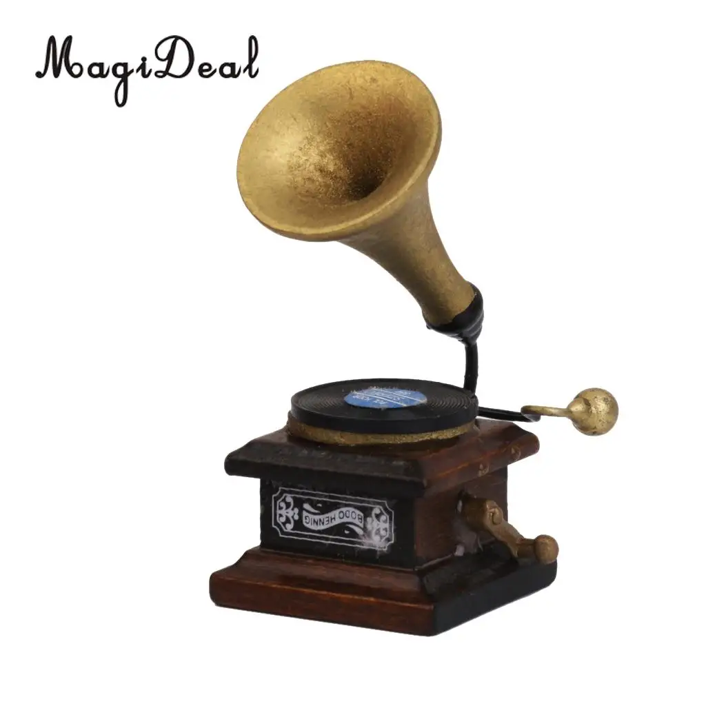 MagiDeal 1/12 Wood Miniature Phonograph Record Player Handicrafts Model for Dollhouse Garden Bedroom Living Room Decor Kids Toy