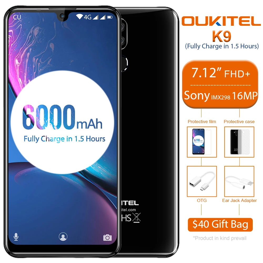 Oukitel K9, 4 ГБ, 64 ГБ, мобильный телефон, 7,12 дюймов, FHD+, большой экран, 16 МП, 8 Мп, камера Face ID, 6000 мАч, 5 В, 6A, быстрая зарядка, OTG Смартфон