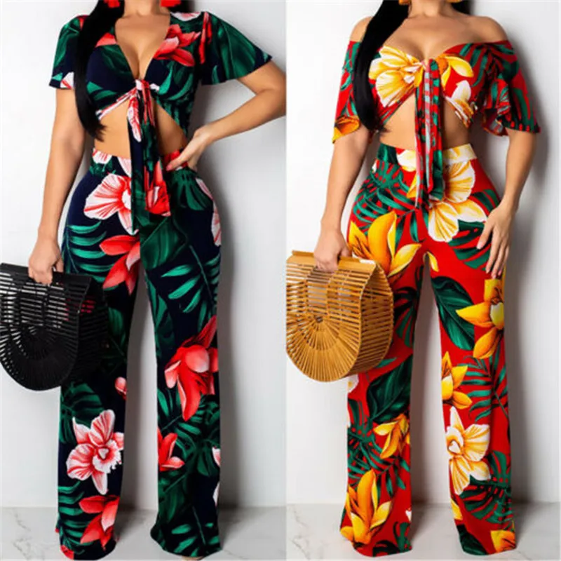 

Women Two Piece Outfits Sexy Women V-Neck Crop Top Wide Leg Trousers Long Pants New Casual Holiday Summer Party Club Clothes Set