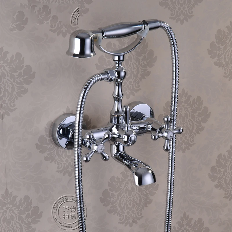 

Chrome Polished Wall Mounted Bathroom Shower Water Taps with Telephone Style Handheld