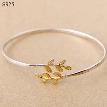 

100% Genuine Real Pure Solid 925 Sterling Silver Bangles for Women Jewelry Gold Leaf Female Cuff Bangle Bracelet Hand Wristband
