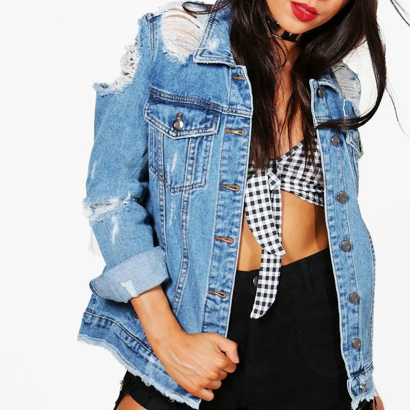 

2019 Fashion Women Denim jacket Plus Size Windbreaker Ripped Streetwear Boyfriend Jean Bomber Jacket Coats A060