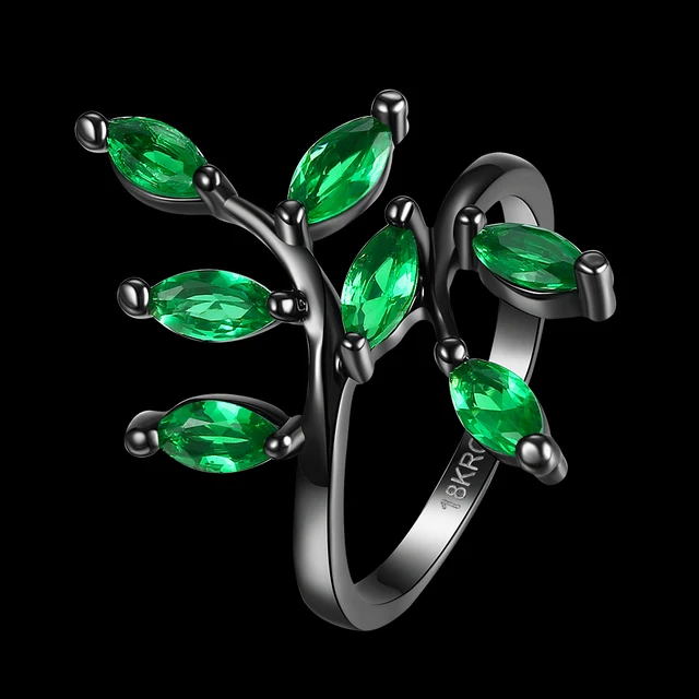 URORU Ring, Tree Shaped Blue & Green Crystal Rings For Women Wedding Vintage Black Gold Filled White AAA Zircon Ring