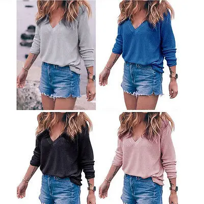 Women V neck Casual Knitted Sweater Tops Autumn Winter Ladies Long Sleeve Pullover Knitwear Top Clothes Black Pink Gray Blue