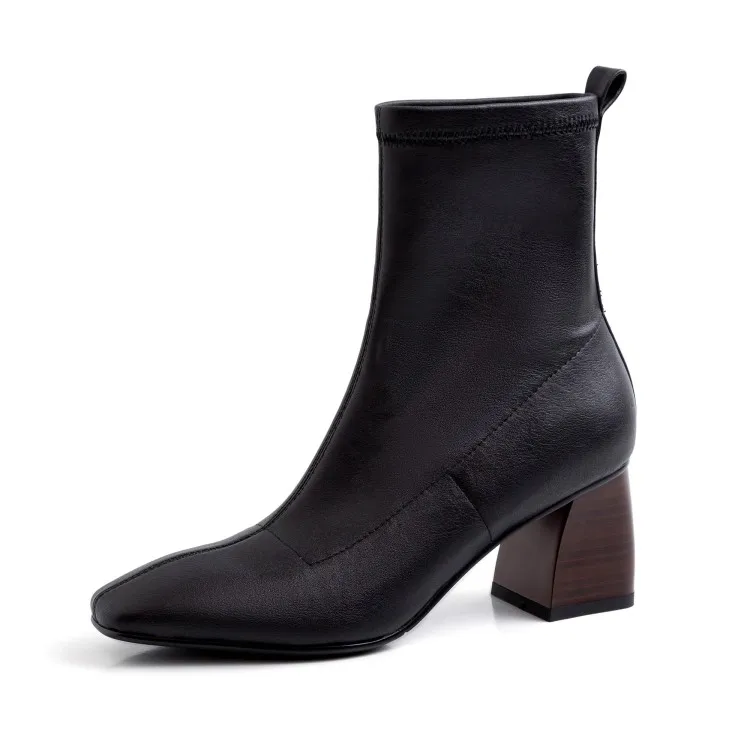 MLJUESE/; женские ботильоны из мягкой лакированной кожи; сезон осень-весна; цвет коричневый; женские ботинки с квадратным носком на высоком каблуке; размеры 34-40 - Цвет: Black