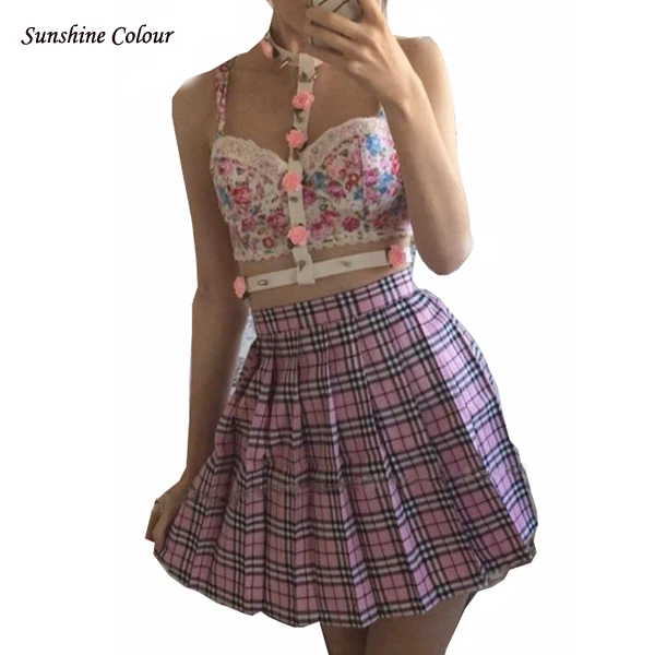 2016 Hot Midi Pleated Women Skirts High Waist Pink A Line Short Skirts Uniforms School font
