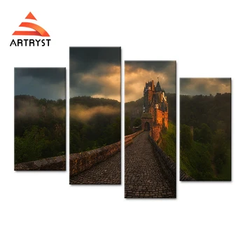 

4 panel modular art wall castle scenery canvas painting poster HD printed on canvas modern home cuadros decor for living room