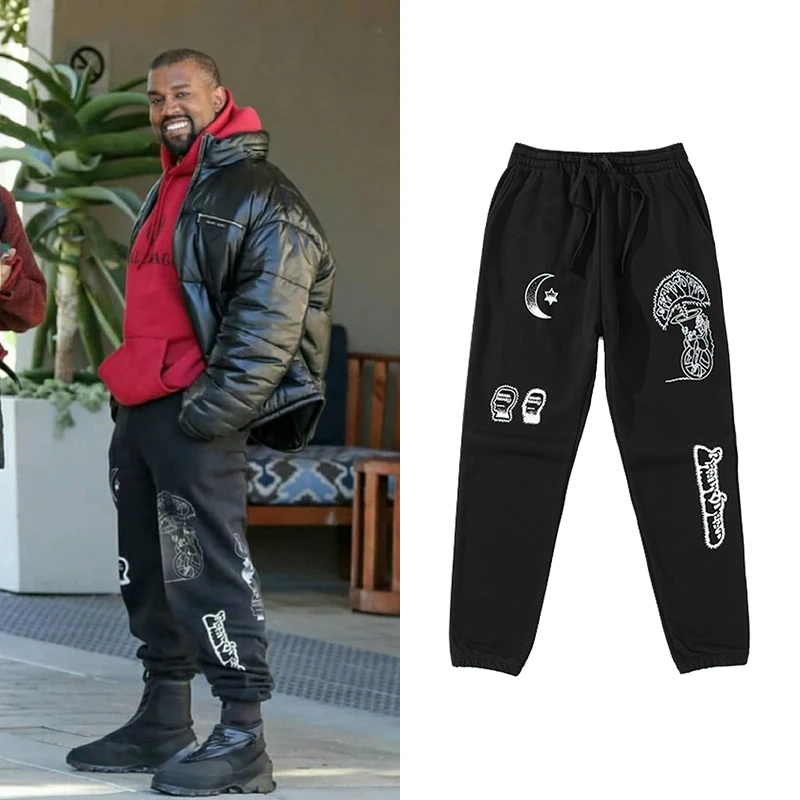 

Kanye West Black Printed Sweat Pants Men Europe and America Hip Hop Joggers Urban 2019 Streetwear Loose Casual Trousers Male