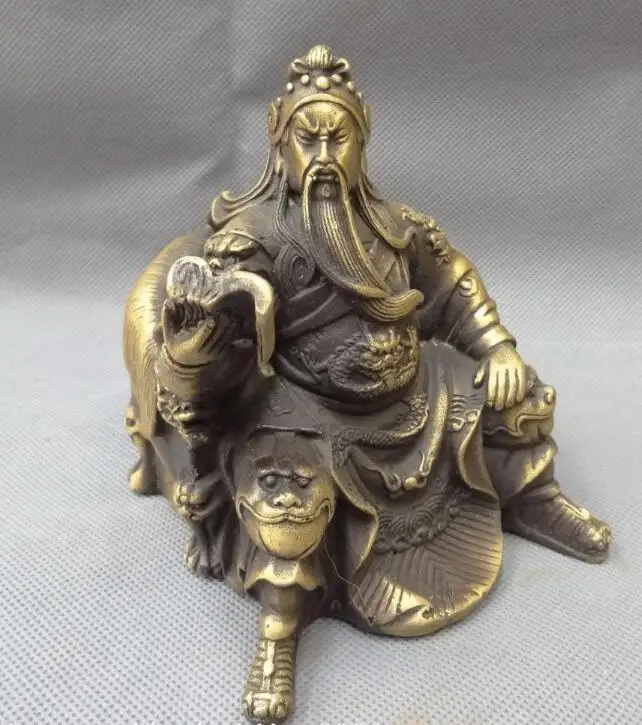 

S02666 Chinese Bronze Dragon Head Warrior Sit GuanGong GuanYu God Read Look Statue (B0413)