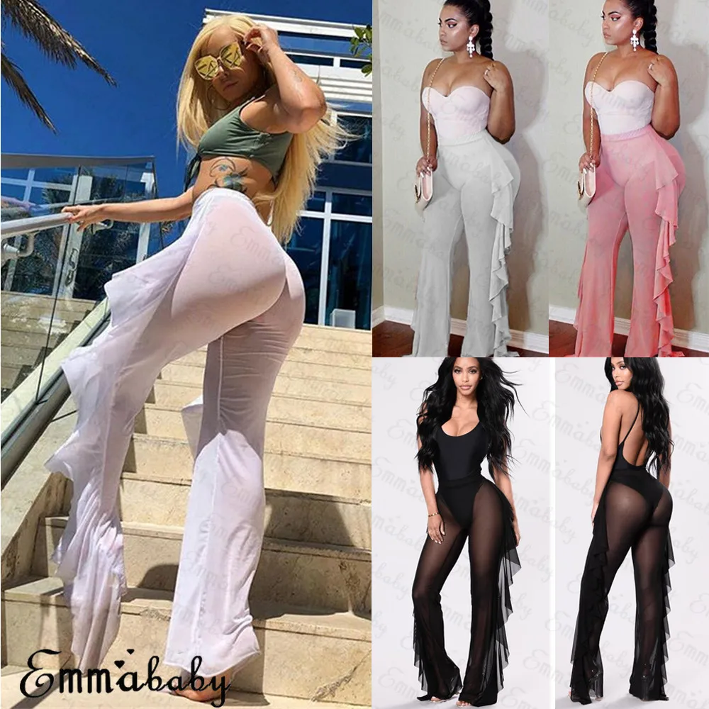 New Sexy Ruffle Women Beach Mesh Pants Sheer Wide Leg Pants Transparent See through Sea Holiday Cover Up Bikini Trouser black leggings