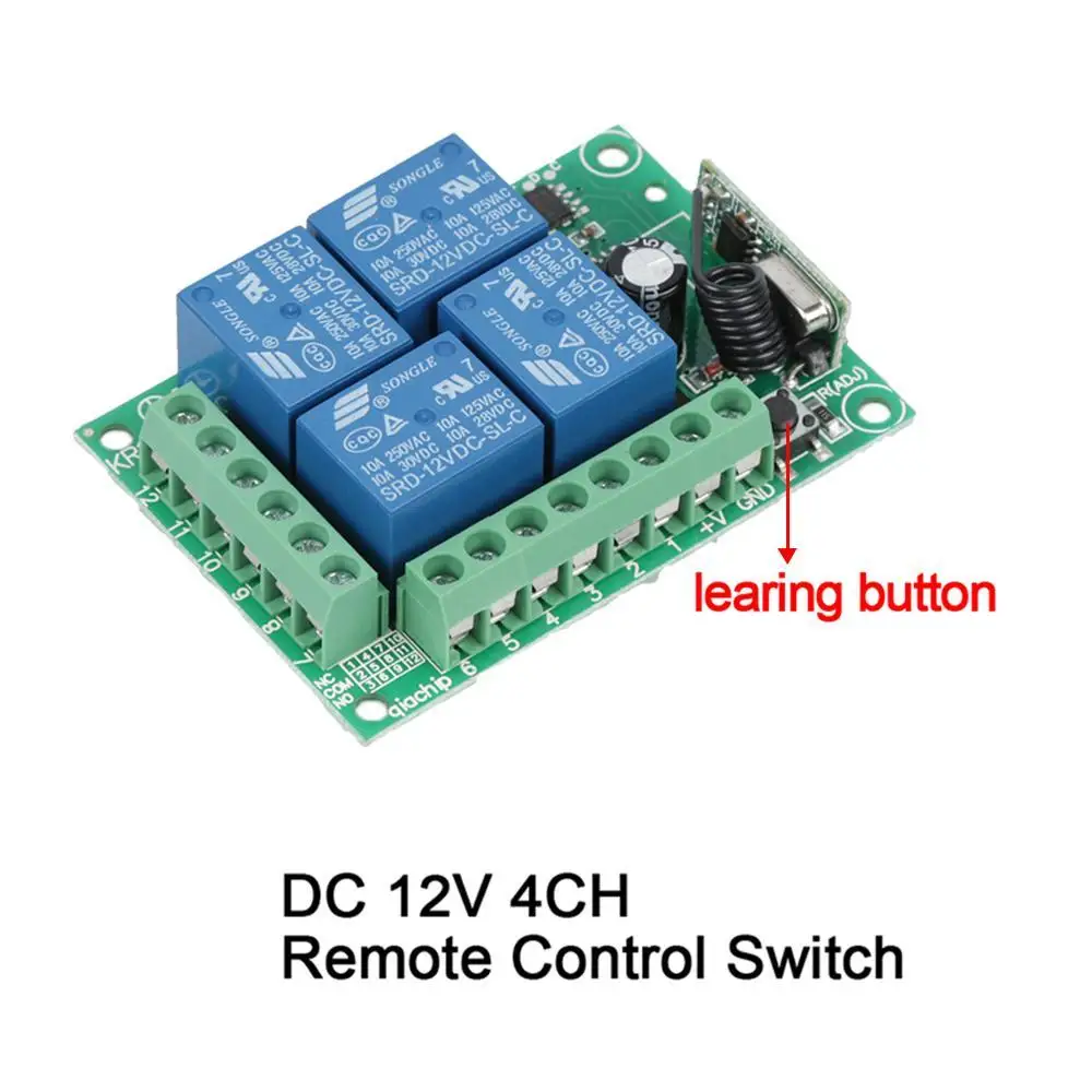 

Universal 433MHz DC 12V 4 Channel Remote Control Switch Wireless Relay Receiver Module for 1527 Learning Code 433Mhz Transmitter