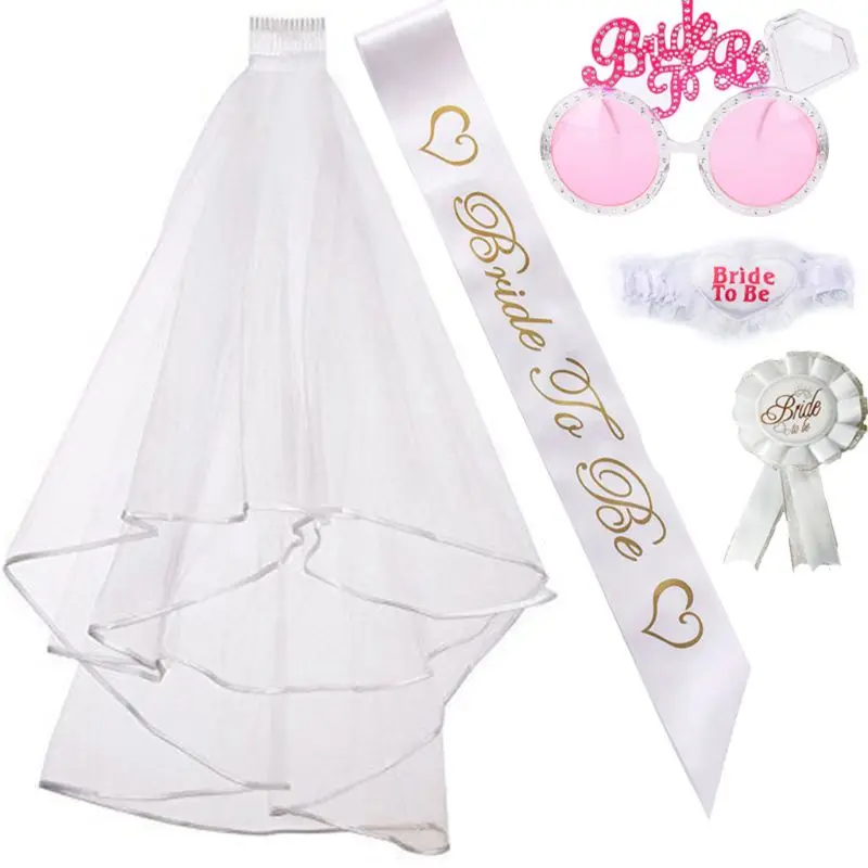 

Hen Party Decoration Bride To Be Sash Badge Sexy Garter White Wedding Tiara With Veil Glasses Bridal Shower Bachelorette Night