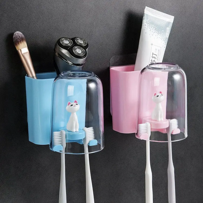 

Cartoon Suction Cup Toothbrush Holder Cat Pattern Punch-free Toothpaste Holder Wall-mounted Wash Cup Suit Bathroom Accessories