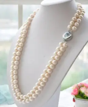 

Charming 2row 9-10mm white akoya round white PEARL necklace 17-18inch AAA