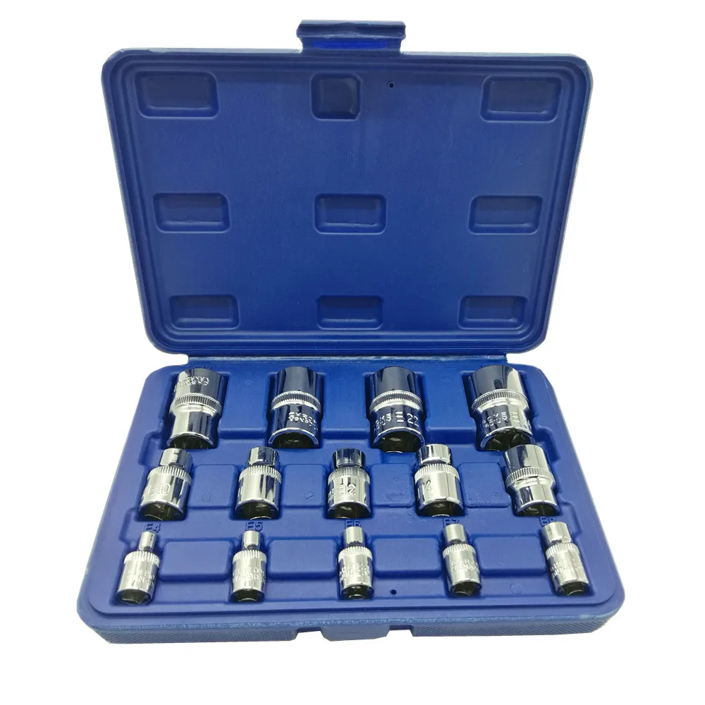 

New 14PC Torx Star Bit Female E Socket Set E4 E5 E6 E7 E8 E10 E12 E14 E16 E18 E20 E22 E24 CR-V 1/2 & 3/8 & 1/4 Inch Repair Tool