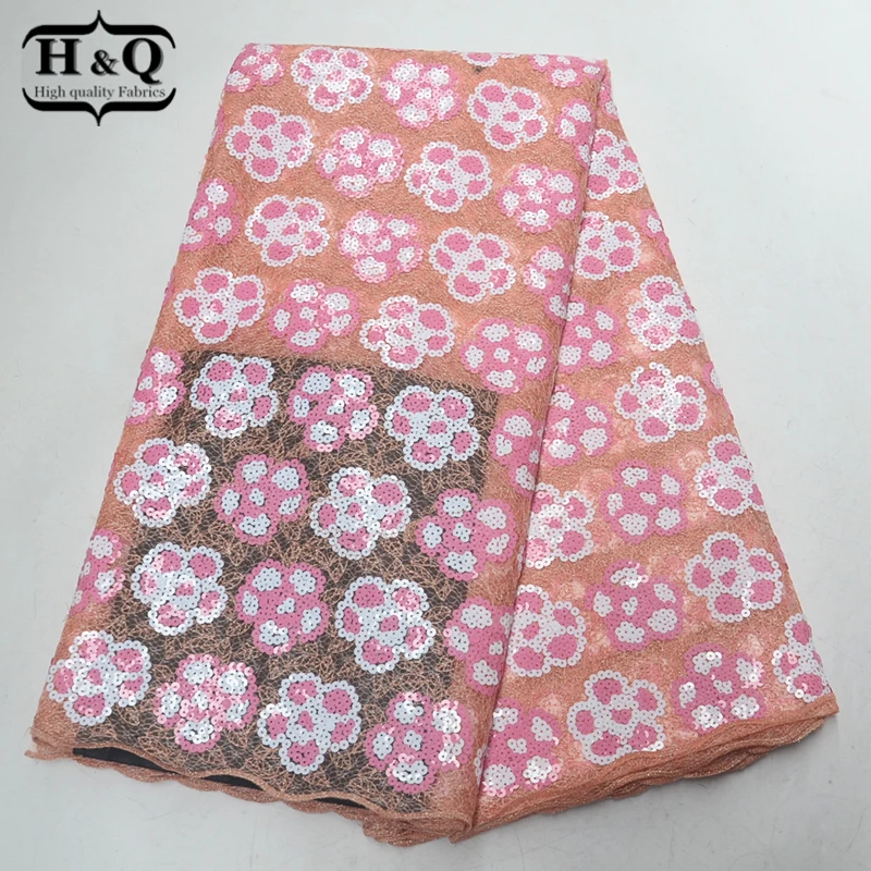 

Pink color French Sequined lace fabric High Quality 5 Yards/pcs Organza lace African embroidered lace fabric for Nigerian Party